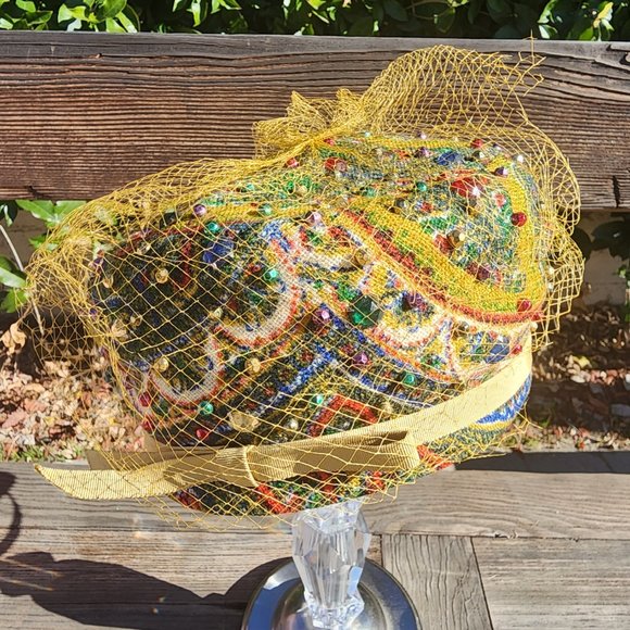 Accessories - ♦SOLD♦ Beautiful Vintage Pillbox Tapestry Hat w/Multi-Colored Gemstones
